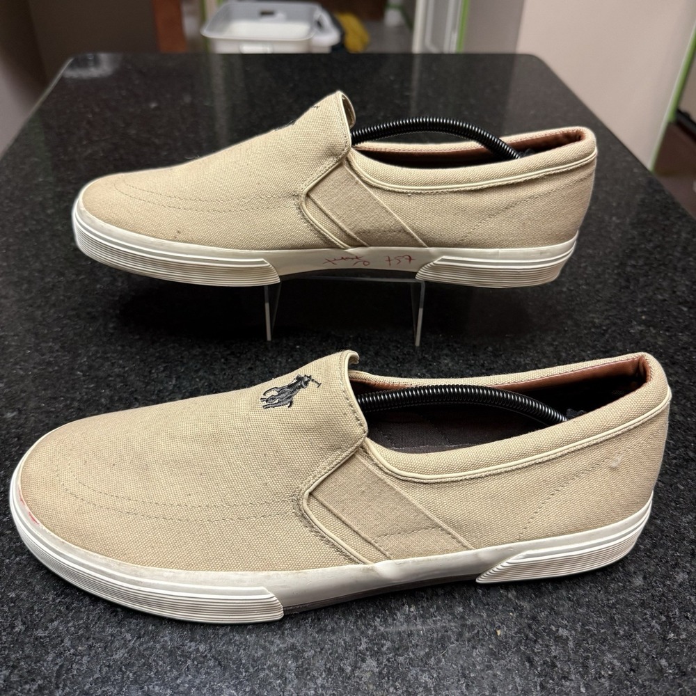 Polo Ralph Lauren Faxon Slip On Shoes Mens Size 13 D Tan Khaki Canvas Sneakers